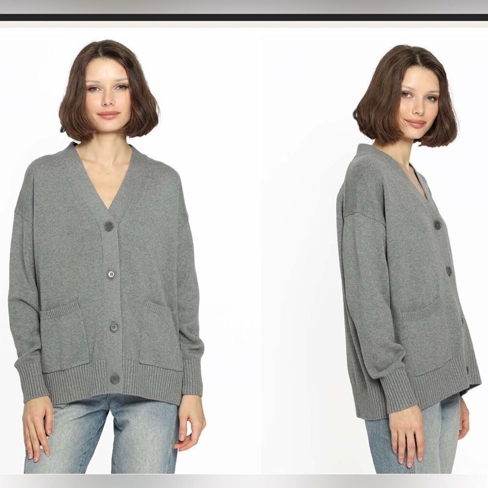 NWT Minnie Rose Cotton Cashmere Cardigan Sweater OS Gray V-Neck Minimalist